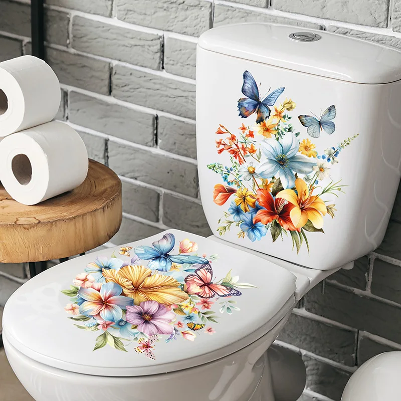 Cute Flower Butterfly Toilet Stickers 2 Pieces DIY Detachable Wall Stickers Home Washroom Ornament