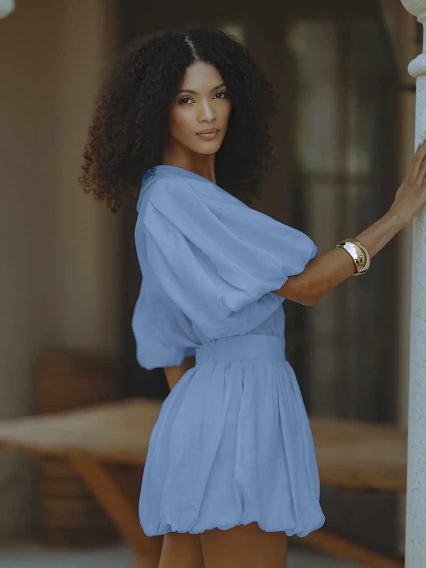 Marthaqiqi Summer Ladies Nightgowns Set Half Sleeve Nightwear Sexy Turn-Down Collar Pajamas Skirt Casual Female Sleepwear Suits