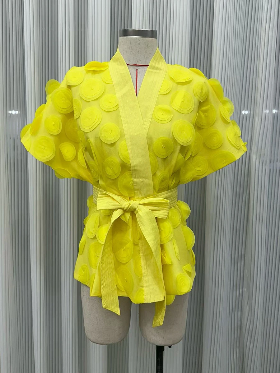 VGH Zwart Chic Gesplitst 3D Ronde Decoratie Shirt voor Vrouwen V-hals Korte Mouw Patchwork Lace Up Avondblouses Vrouwelijke Nieuw