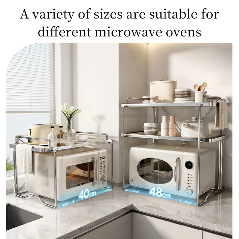 Kitchen 2-layer Microwave Oven Storage Rack Retractable Countertop Gadget Set Floor Stand Seasoning Holder Spicy Organizer Shelf