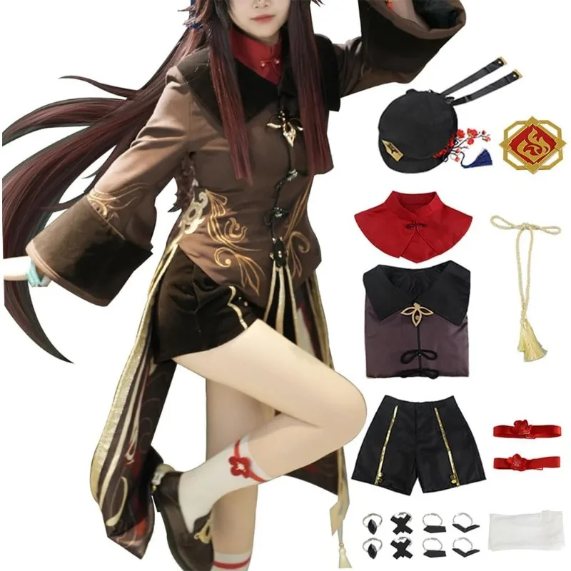 

Game Hu Tao Cosplay Genshin Impact Costume Black Long Dress with Wig Accessories Full Set Role Play Outfit for Women