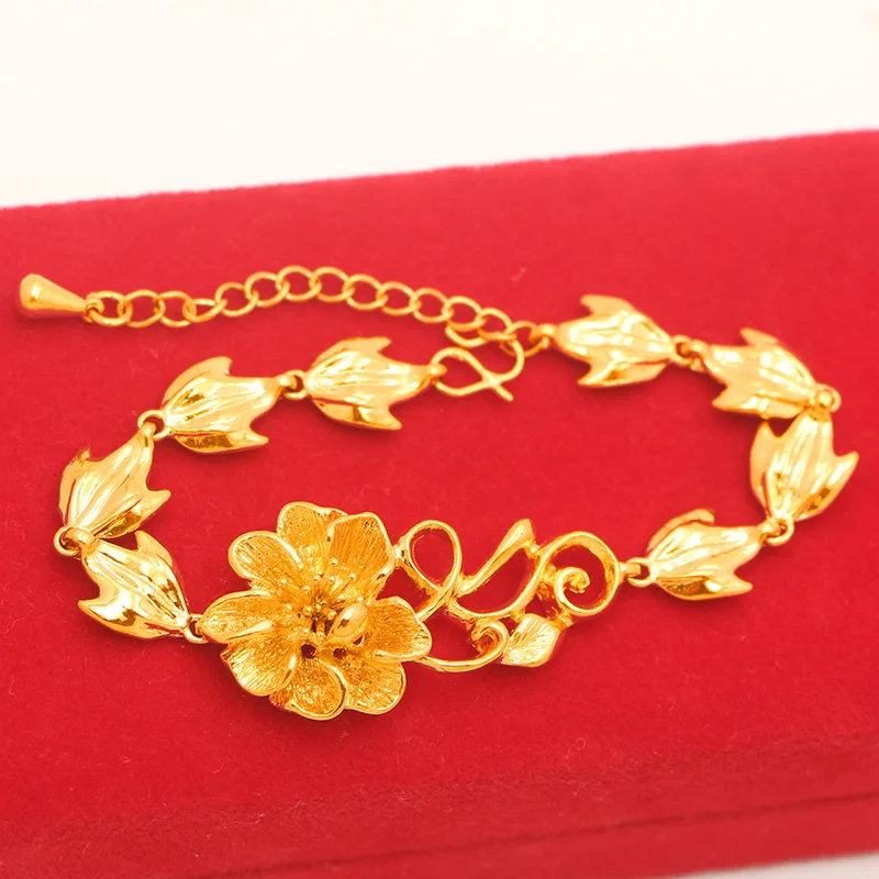 Luxury 24K 9999 Pure Gold real gold Women's Peony Wheat Bracelet