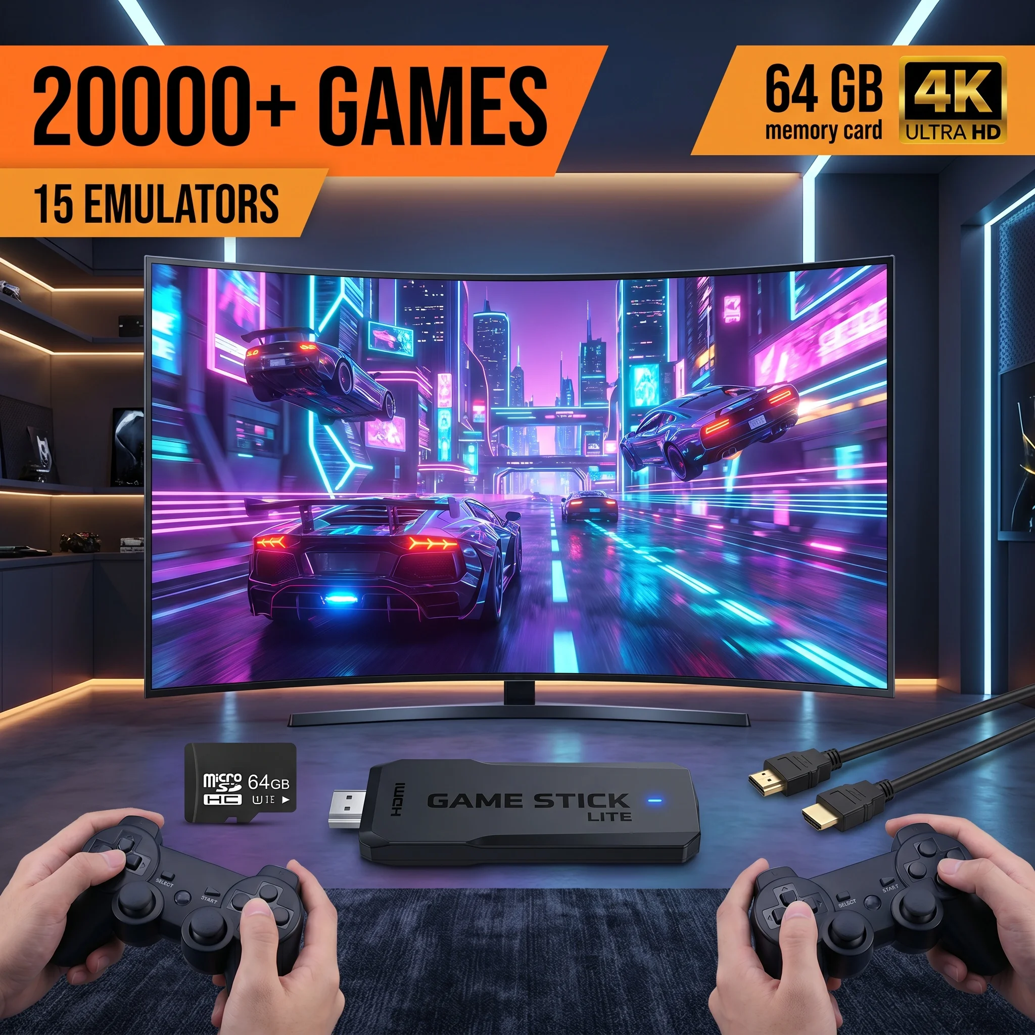 Gaming Console Video Game - เครื่องเล่นเกมย้อนยุค 4K พร้อมการ์ดหน่วยความจำ 64GB ใช้งานง่ายแบบ Plug