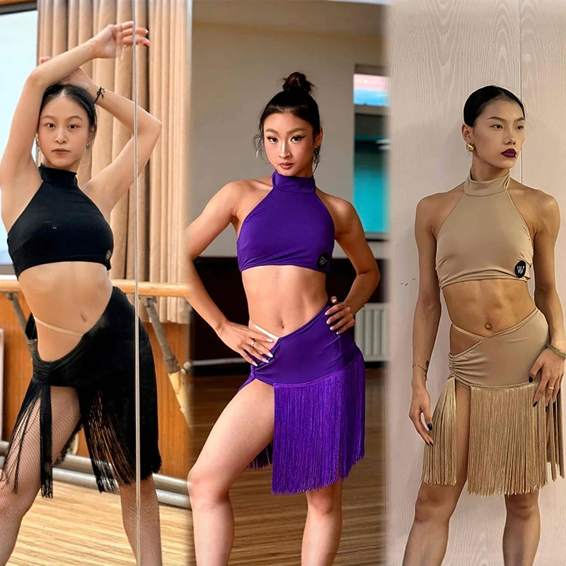 

New Sexy Latin Dance Clothes Women Short Tops Slit Fringe Skirt Cha Cha Rumba Dance Practice Clothing Purple Black Dress NV25068
