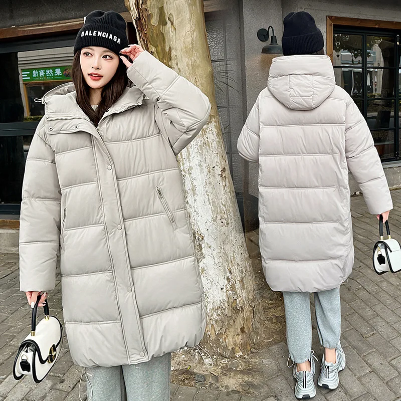 

Hooded Parkas Coats Women Mid Length Solid Jackets Zipper Pocket Long Sleeves Thick Loose Fit Office Lady Casual 2025 Winter