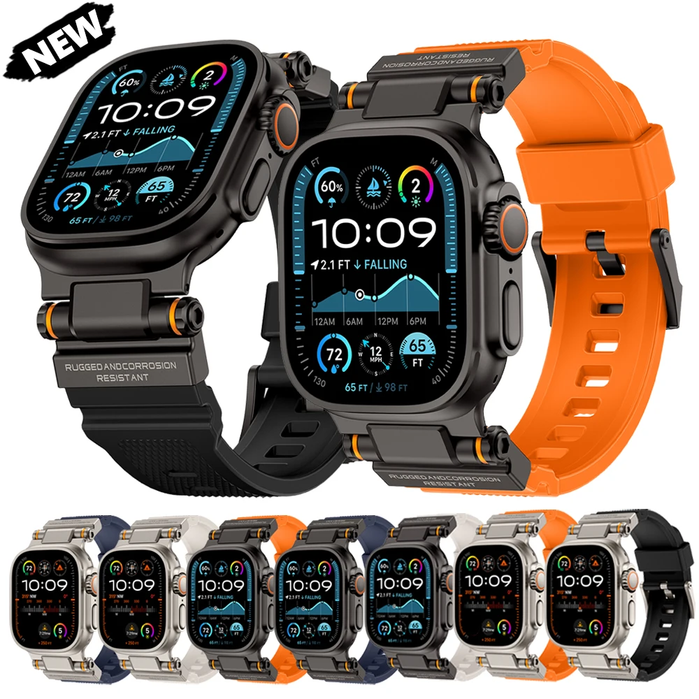 Силиконовый спортивный ремешок + металлическая головка для Apple Watch Ultra 2 49 мм 10 46 мм ремешок с петлей для iWatch Series 9 8 7 6 5 4 SE 45 мм 44 мм Correa