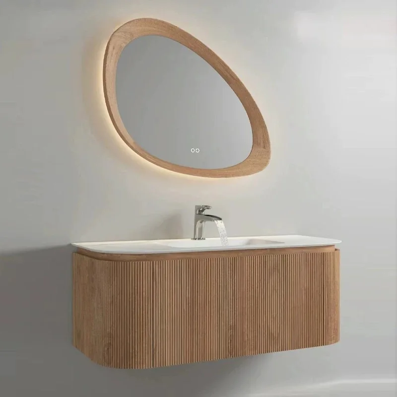 Modern Luxury Flat Panel Design Wood Grain Cabinets Ceramic Basin Smart Copper Moisture Resistant Melamine Vanity Bathroom Set