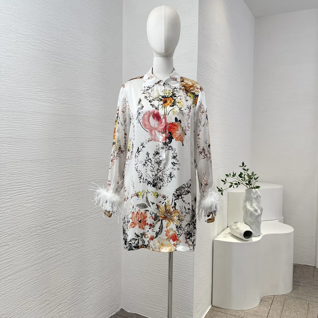 White Re-tro High Quality Silk Floral Print 2024 New Women Clothing Long Sleeve Feather Spring Summer Mini Dress