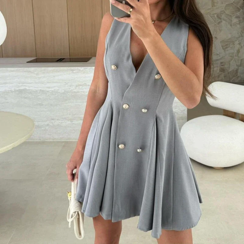 

LIBIELIY Fashion Double Breaste Pleated Party Dress Sexy High Waist Solid Commute Mini Dress Women Elegant V-neck Sleeveless A-