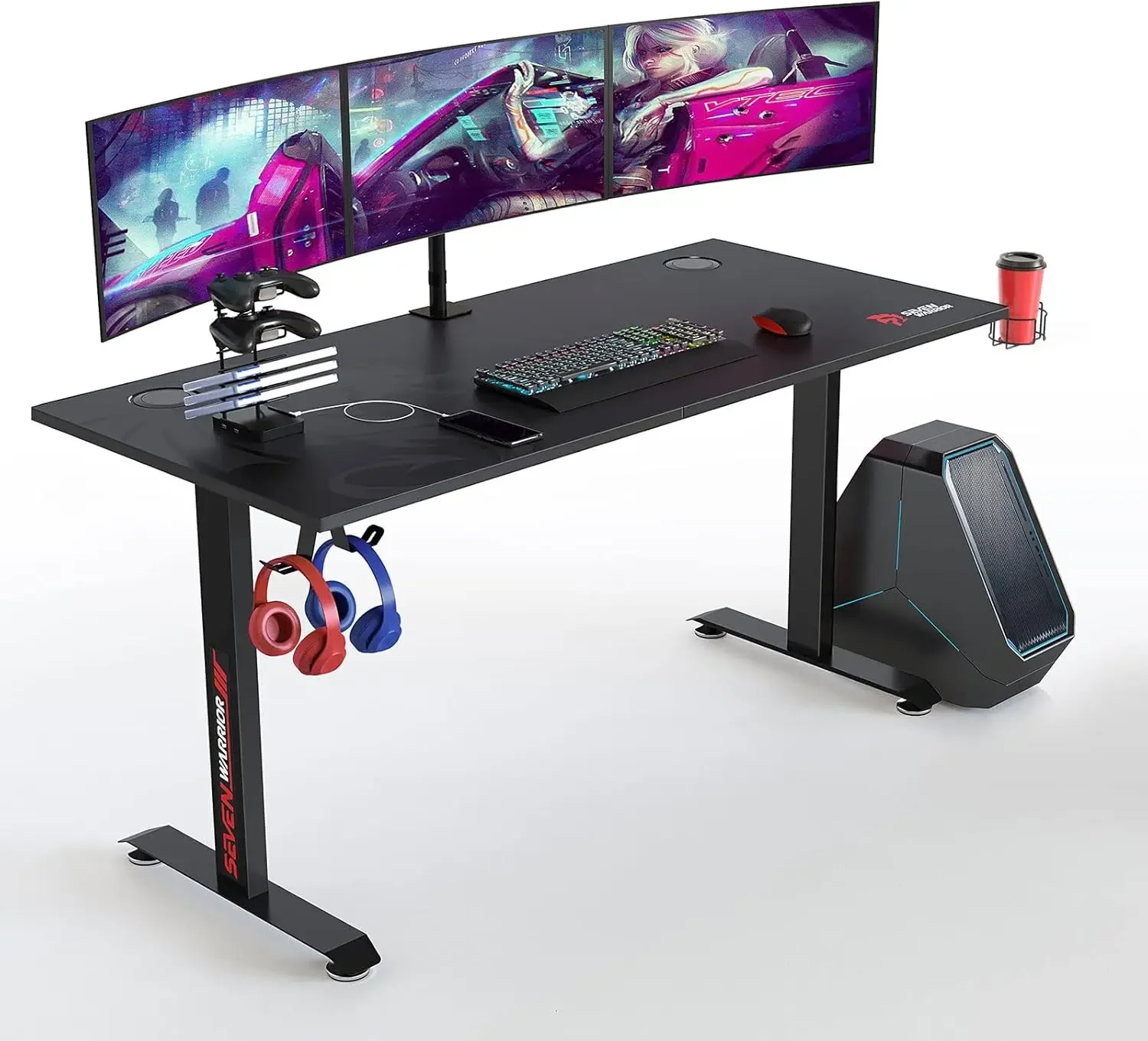 WARRIOR Gaming Desk 60 INCH, T- Shaped Carbon Fiber Surface Computer Desk with Full Desk Mouse Pad, Ergonomic E-Sport Styl