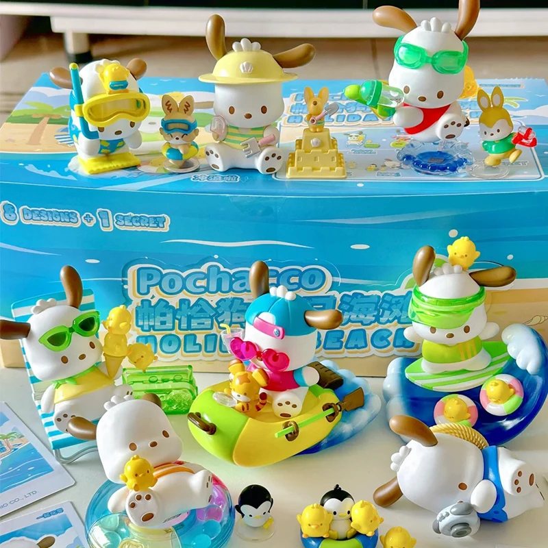 

Sanrio Pochacco Holiday Beach Series Blind Box Cute Anime Figure Mystery Box PVC Figures Ornaments Peripheral Doll Kids Toy Gift