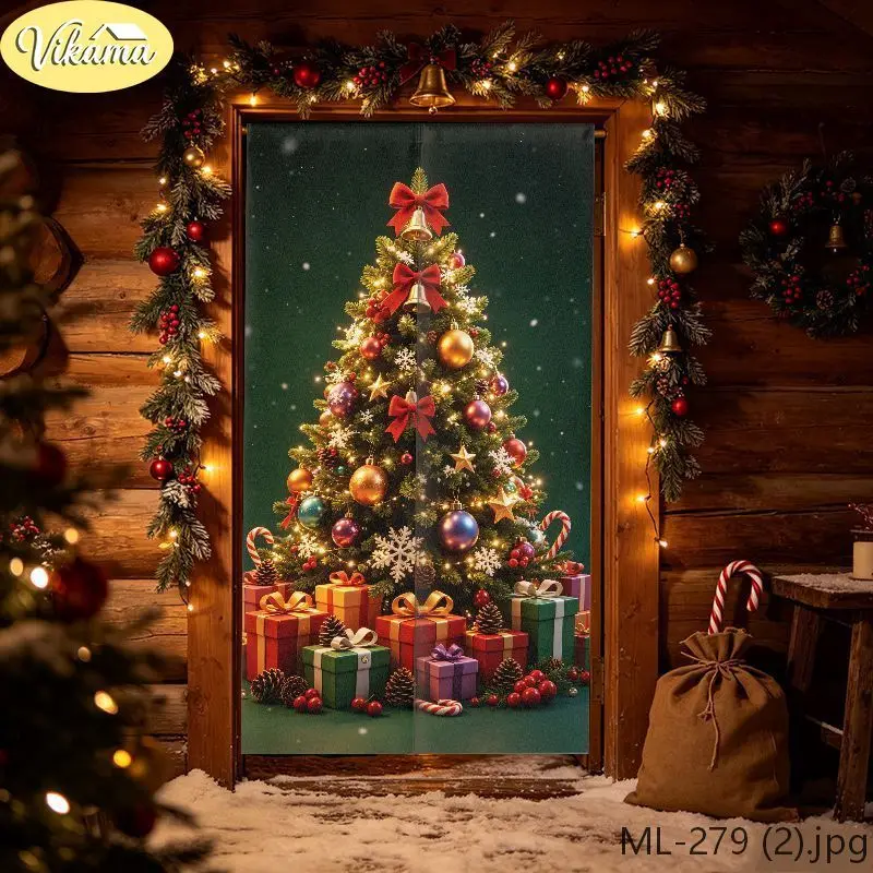 VIKAMA Christmas Tree Japanese-Style Half-Door Curtain, Fabric Curtain for Entryway and Foyer, Privacy Screen, Wall Decor
