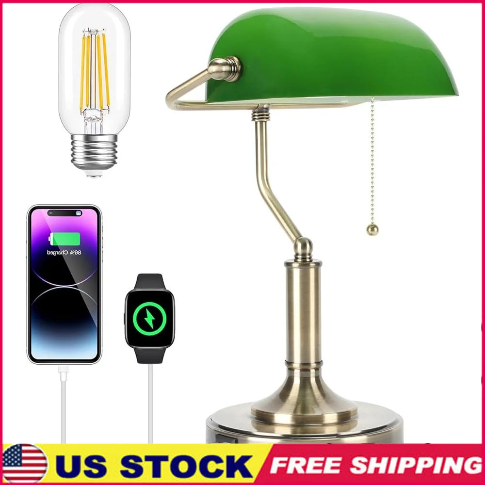 

Винтажная настольная лампа из зеленого стекла с зарядными портами USB C, античная латунная основа, переключатель-цепочка, домашний офис