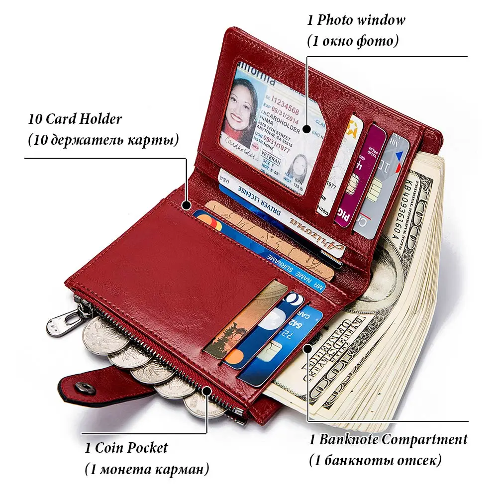 KAVIS Genuine Leather Wallet for Women Fashion RFID Blocking Credit Card Holder Purse Small Ladies Red Clutch Money Bag