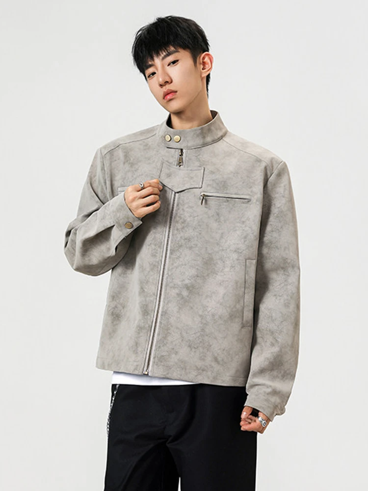 

Винтажная кожаная куртка-харрингтон с подплечниками и воротником-стойкой для мужчин, в американском уличном стиле, CleanFit, осенняя коллекция