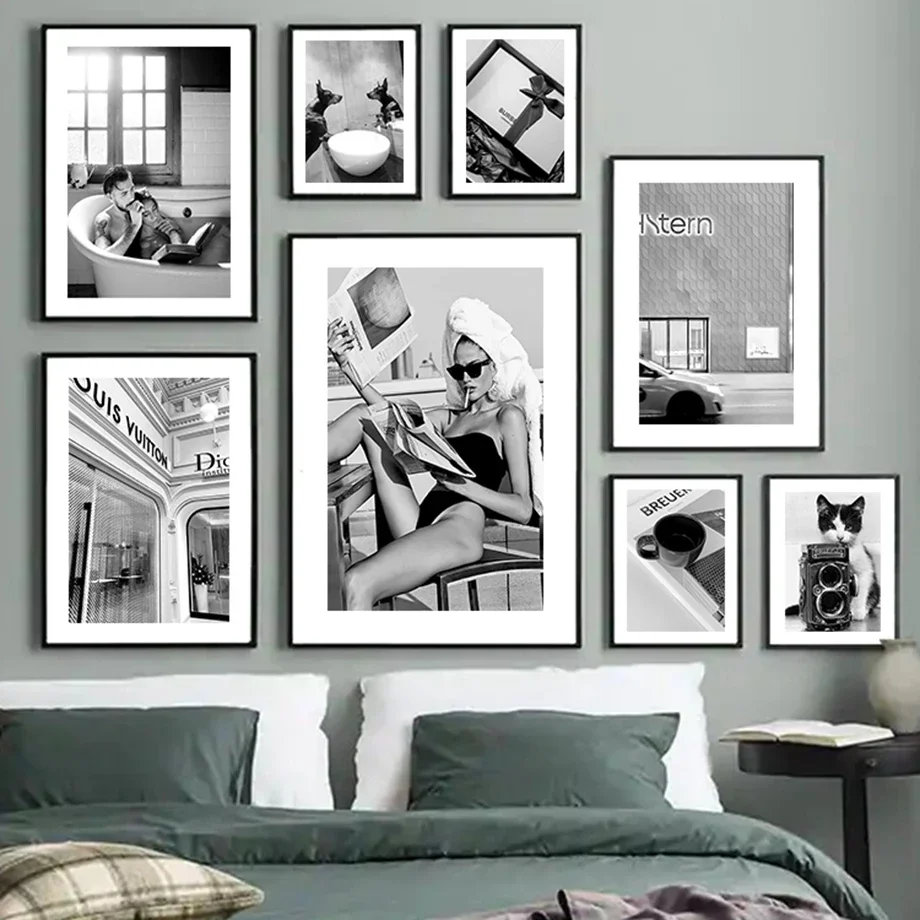 Schwarz Weiß Frau Kamera Dobermann Mode Wand Kunst Leinwand Malerei Nordic Poster Und Drucke Wand Bilder Für Wohnzimmer De