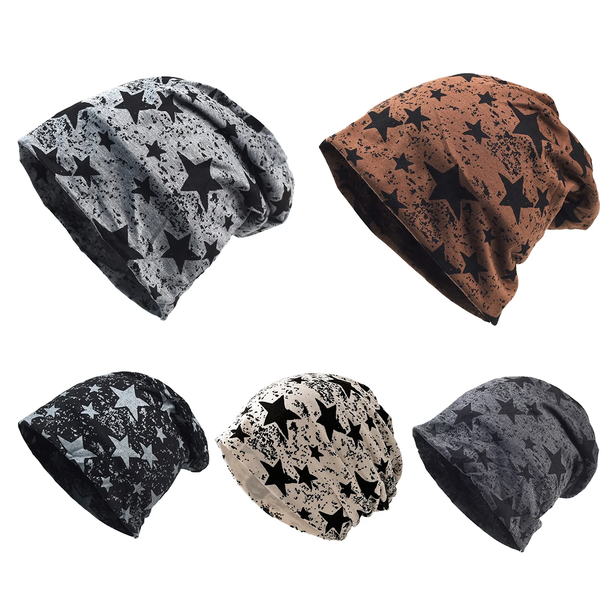 Retro Star Print Slouchy Beanie Women Elastic Baggy Thin Skull Cap Suitable Spring Autumn Double Layer Fashion Head Wrap Bonnet