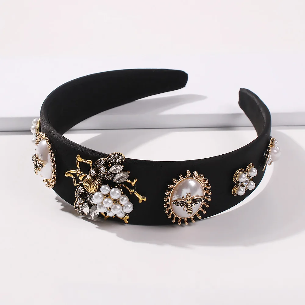 F2396 New wide-edged pearl glass diamond headband for women, fashionable temperament British style geometric headband