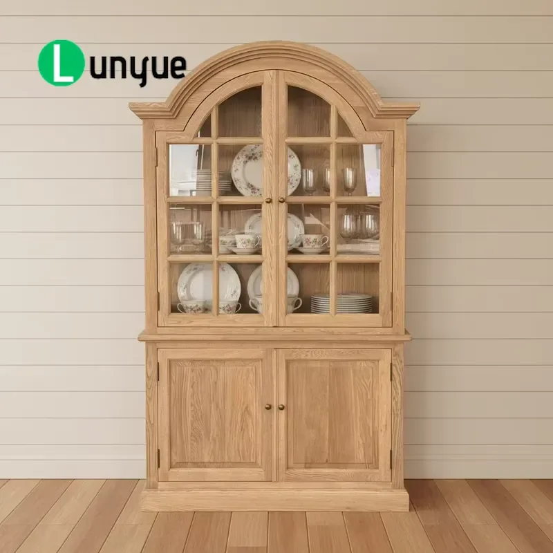 French Vintage Solid Oak Sideboard with Glass Doors for Kitchen Living Room Farmhouse Villa Storage Cabinet Furniture
