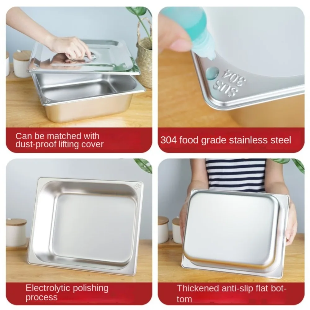 Durable 304 Stainless Steel 1/9 1/6 1/4 1/3 1/2 Food Pan Thickened Easy To Clean GN Pan with Lid Food Container Chafing Buffet