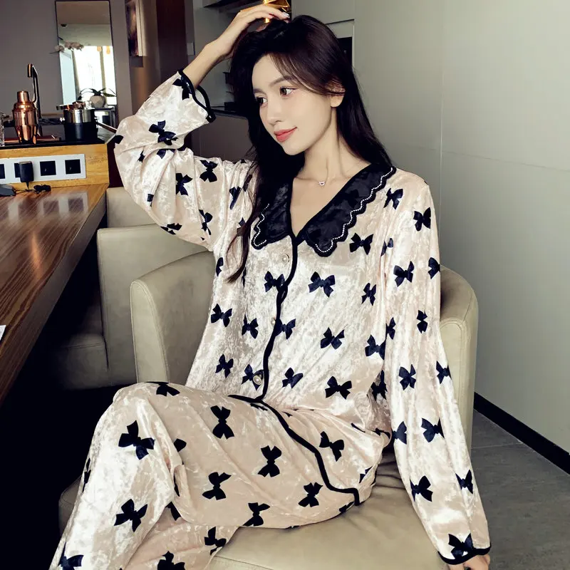 French Romantic Bow Lace Fleece Women\'s Pajamas Korean Harajuku Ins Print Lady Sleepwear 2024 New Autum Winter Y2k Lazy Home Set