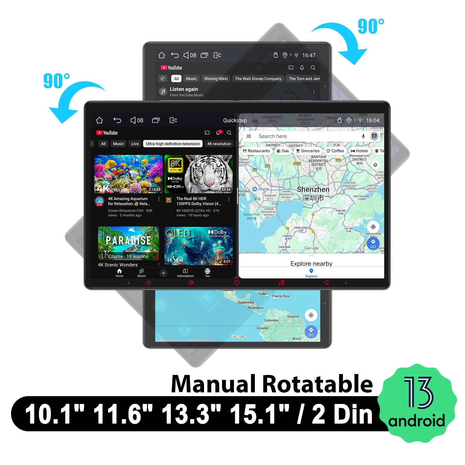 

10.1"/11.6"/13.3"/15.1" Rotatable Android Car Stereo Radios Double 2 Din Multimedia Player Vertical/Horizontal Screen Car Audio