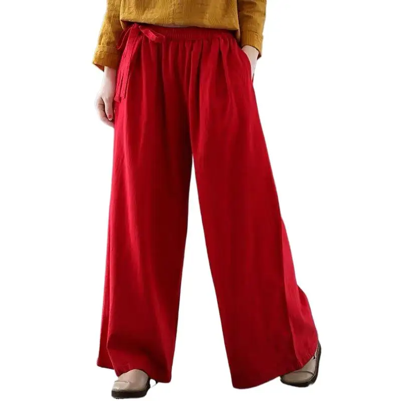 

Spring and Autunm women loose casual cotton linen pants,brand vintage wide leg trousers black red Pantalon pantaloni rosa donna