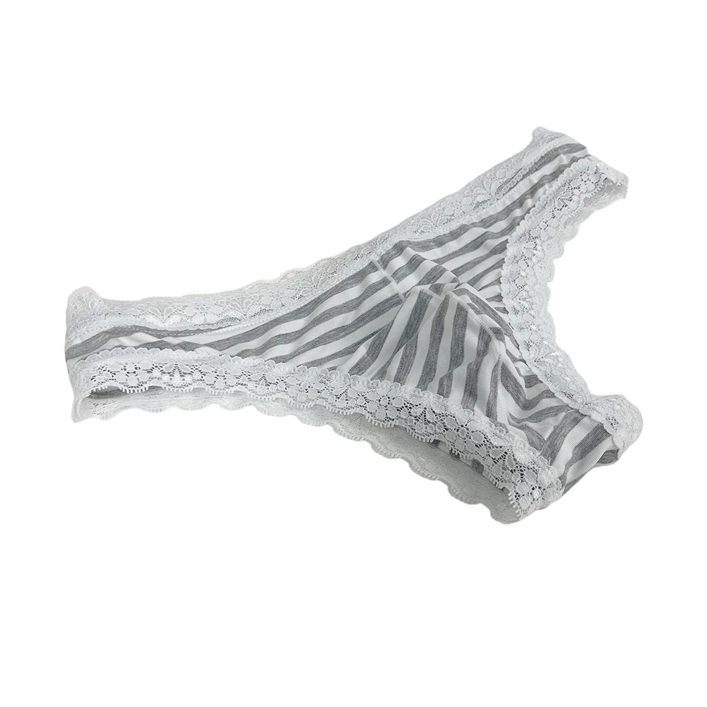 Men Lace Trim Striped G-string Underwear Half-covered Butt Low-rise Pantie Thong Half Hip Men Briefs Mens Sexy Underwear
