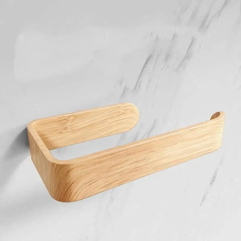 〔NN71〕Self Adhesive U Shaped Toilet Paper Holder No Drill Wood Grain Wall Mount For Bathroom Kitchen