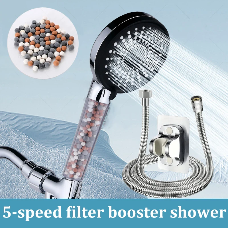 Shower Head Set 5-speed Water Adjustment Filter Shower Head High Pressure Negative Ion Hard Water Softening