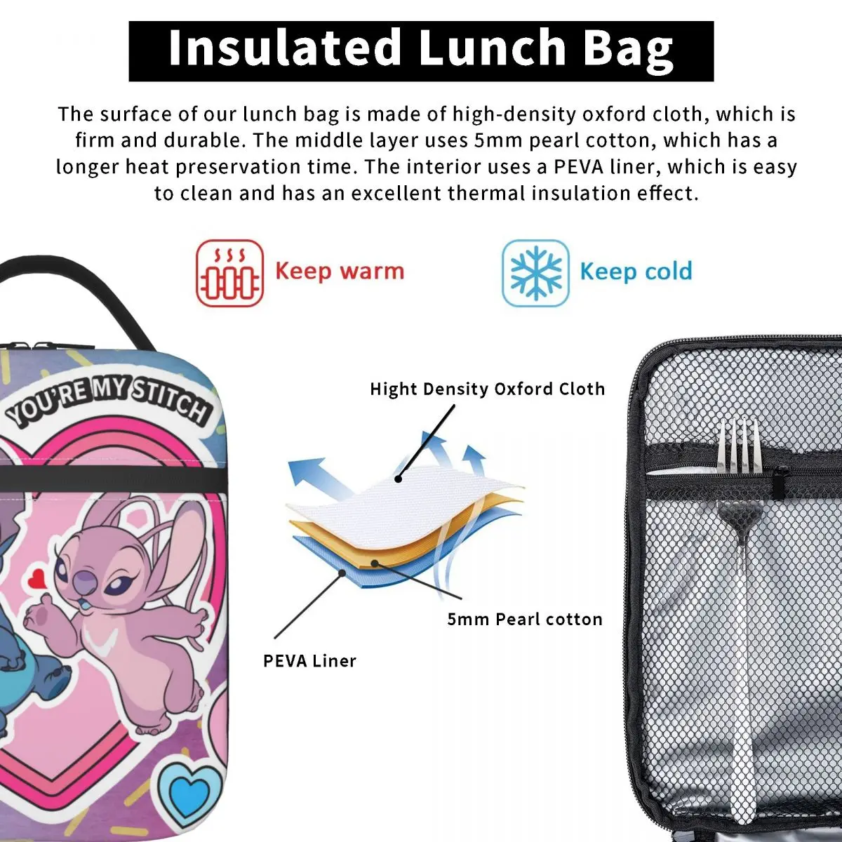 Anime Lilo & Stitch Insulated Lunch Bags Thermal Meal Container Large Tote Lunch Box Food Handbags College Travel