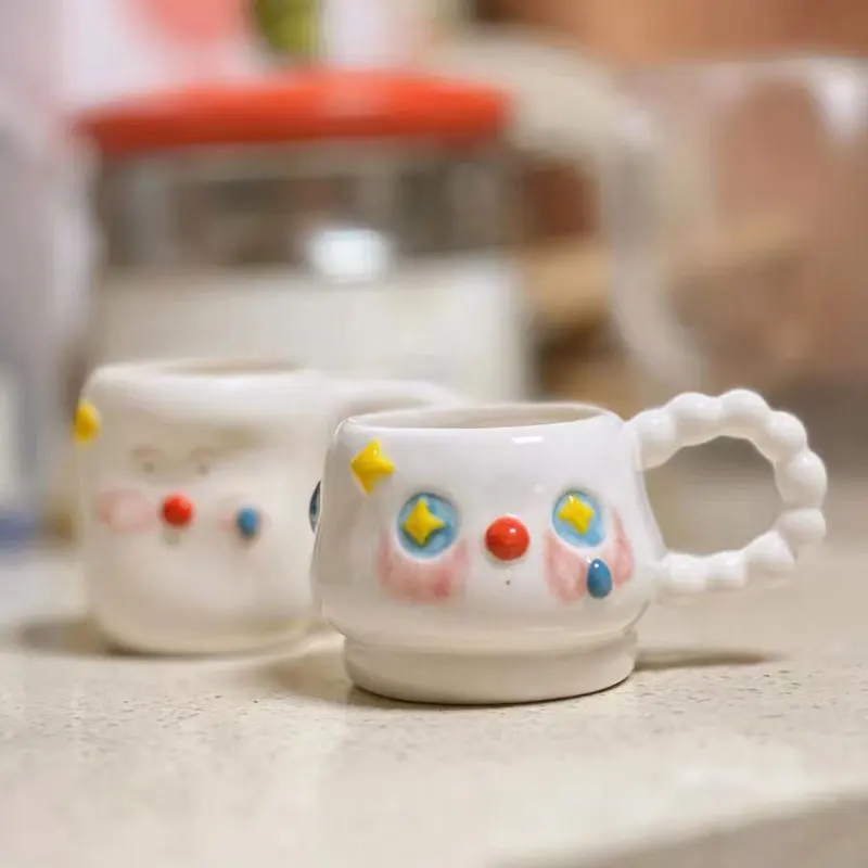 

Cute Face Pottery Mug, Star & Raindrop Ceramic Coffee Mug, Funny Cartoon Mug, Unique Drinkware, Gift for Kids, Her, Girl