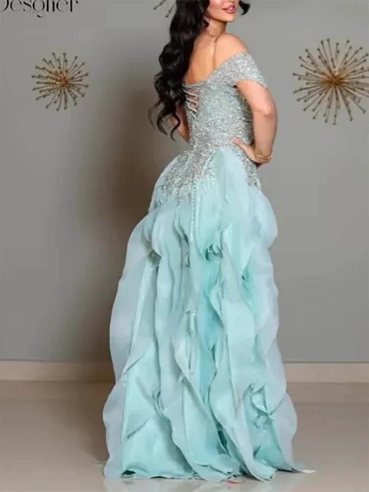 Elegante blaue schulterfreie formelle Abendkleider mit Pailletten, Spitze, abgestufte Rüschen, Ballkleider, maßgeschneiderte Robes de Soirée