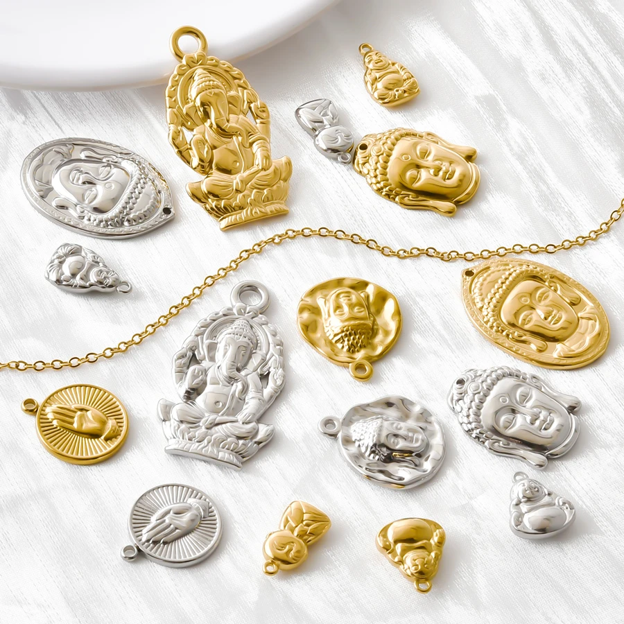 6pcs Vintage Ethnic Religious Stainless Steel Pendentif Gold Plated Buddha Head Elephant God Palm Pendant Waterproof Jewelry DIY