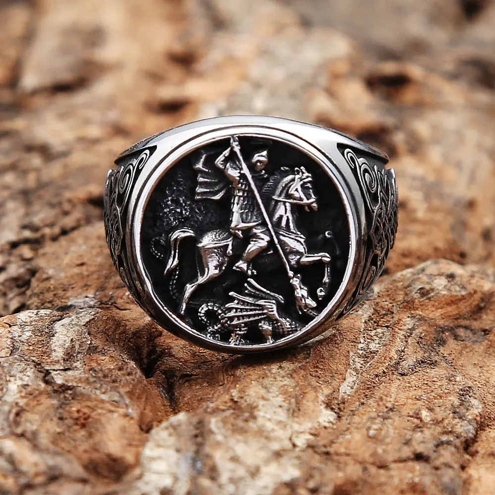 Vintage Dragon Warrior St. George Ring Punk Biker Stainless Steel Signet Rings for Men Fashion Religious Jewelry Halloween Gifts