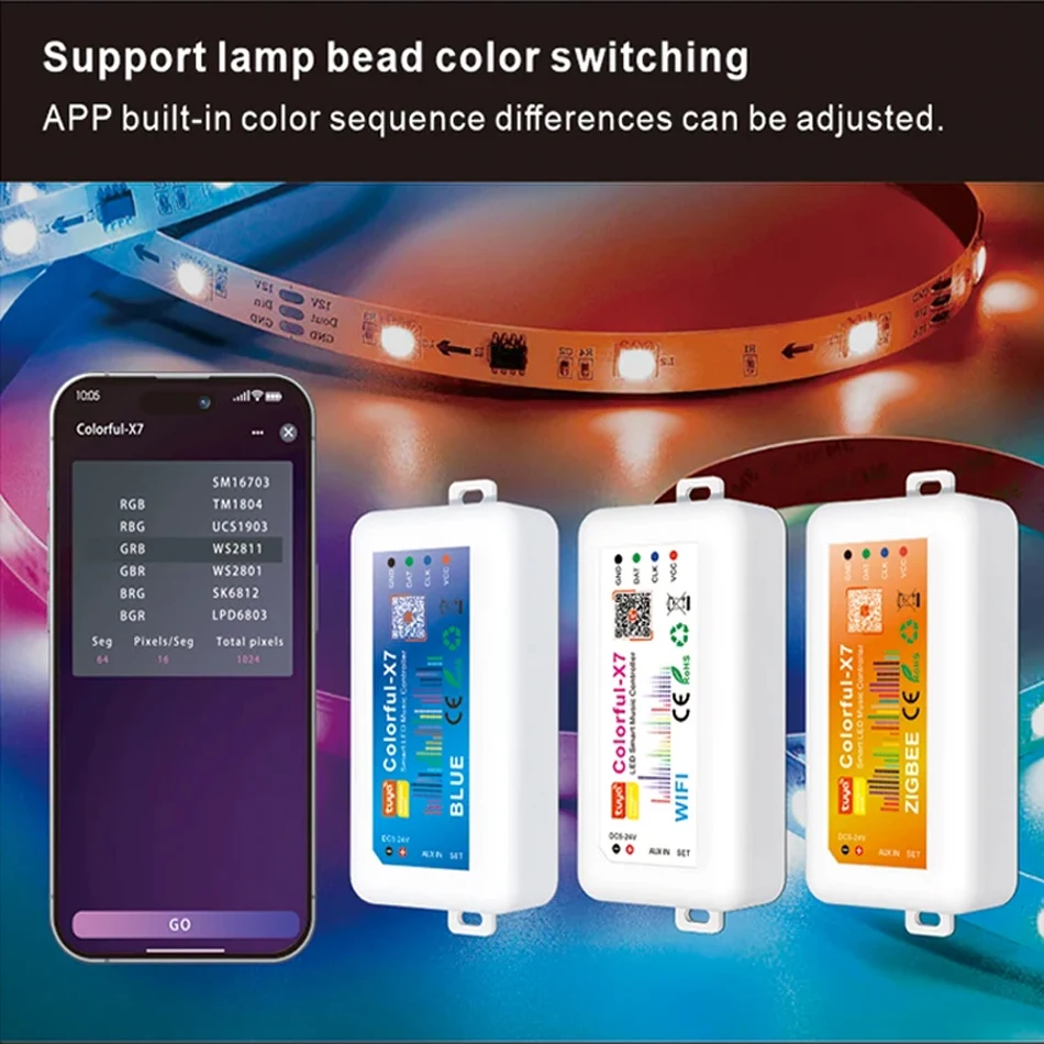 Tuya WiFi Colorful-X7 DC5V-24V Smart Tuya APP Led SPI Controller Music Controller WS2812B WS2811 2815 RGB Led Pixel Strip Light