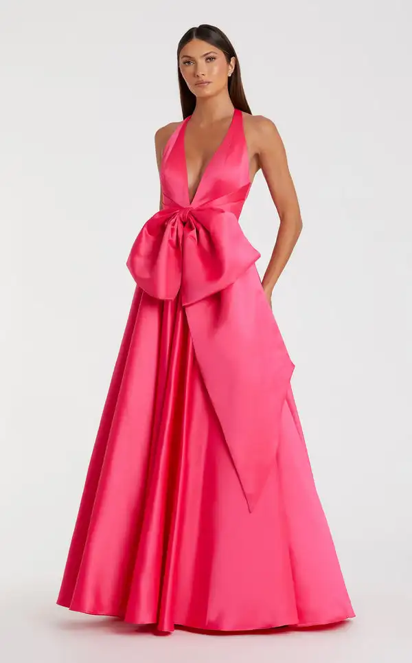 

Customized Classic Charmeuse Bow Pleat Draped A-line Halter Long Dresses Bespoke Occasion Dresses Exquisite Fashion High quality