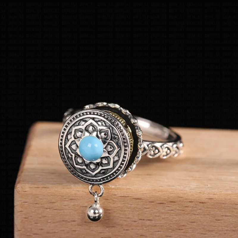 S925 Sterling Silver Rings for Women New Fashion Six Character Mantra Rorotable Pray Wheel Turquoise Jewelry Free Shipping