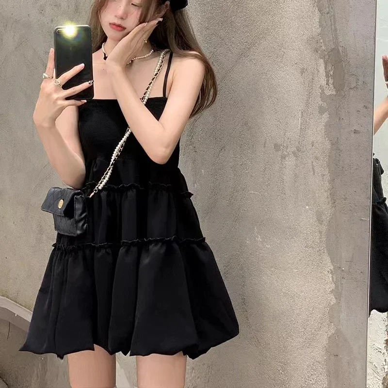 Gothic Black Fluffy Camis Dress Women Summer Fashion Spaghetti Strap White Dress Female Sleeveless Birthday Party Dress New 2024