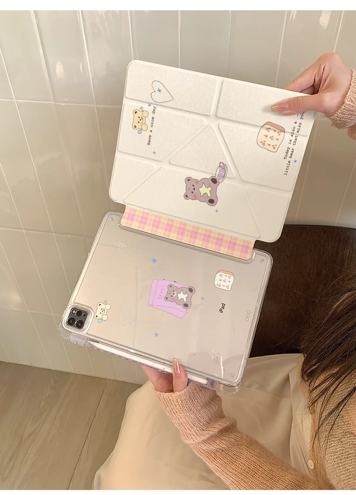 

Korean Cream Bear Toast With Pen Slot Case For iPhone iPad Mini 4 5 6 7 8 9 10 Air 1 2 3 4 5 6 7 M2 M3 A16 Pro M4 M5 Cover Ins