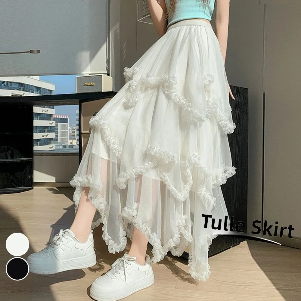 High Waist Asymmetrical Tulle Skirt Women's Spring Summer New Style Gauze Ear Mid-Length A-Line Cake Skirt Casual Style