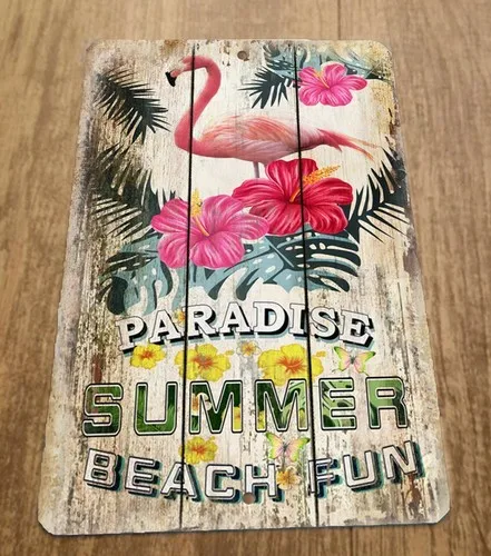 Pink Flamingo Paradise Summer Beach Fun  Metal Wall Animal Sign