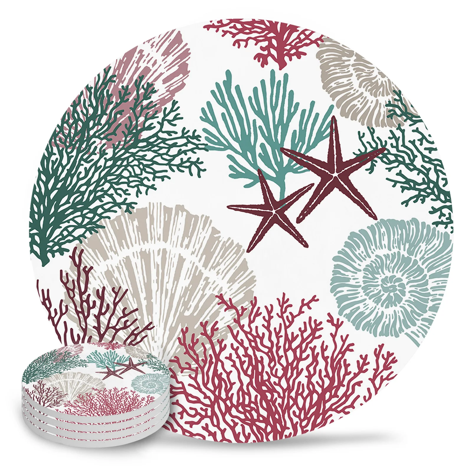 Ocean Coral Shell Starfish Ceramic Coaster Set Coffee Tea Cup Coasters Kitchen Accessories Round Placemat