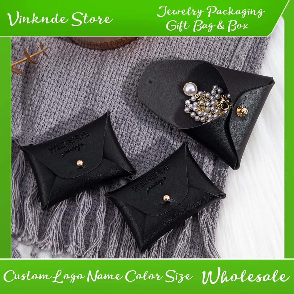 

Custom Logo Black PU Leather Fashion Smart Jewelry Pouches Gift Bags For Wedding Party Festival Earrings Rings Packaging Sack