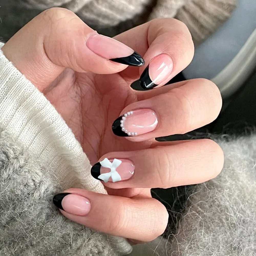 

24pcs short oval black French Tip Press On Nails short Bow with pearls design design Fit Perfectly Acrylic False Nail set,contai