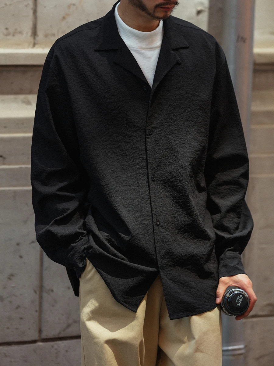 

Noears Cuban Collar Men's Shirt Elastic Loose Fit Long Sleeve Youth Fashion Retro Style Polyester Fabric Easy Care Shirt