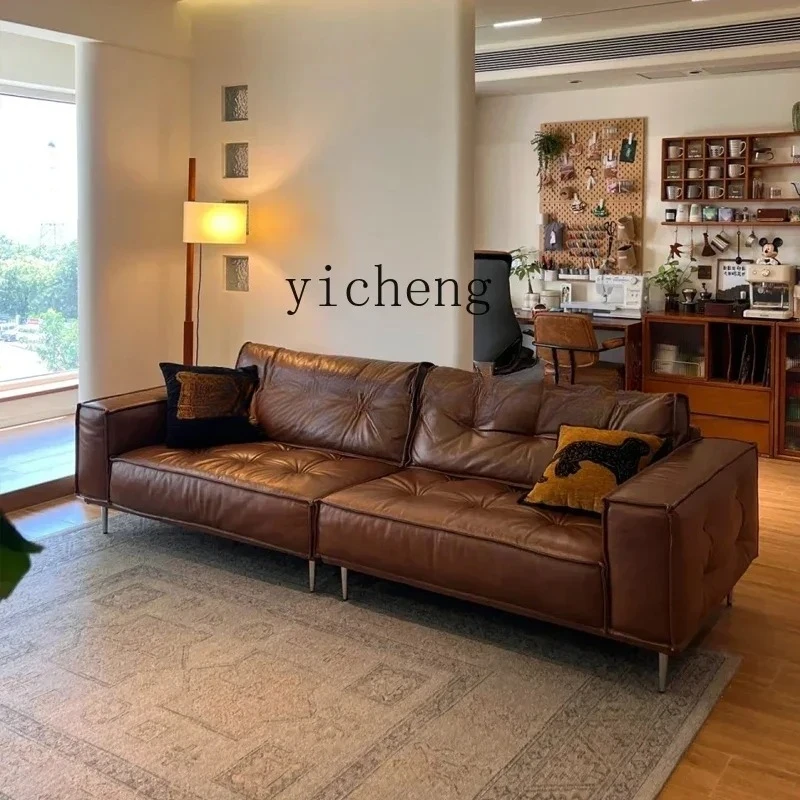 SA-28 Leather Sofa Living Room Straight Row Antique Caramel Color Oil Wax Leather Art Sofa