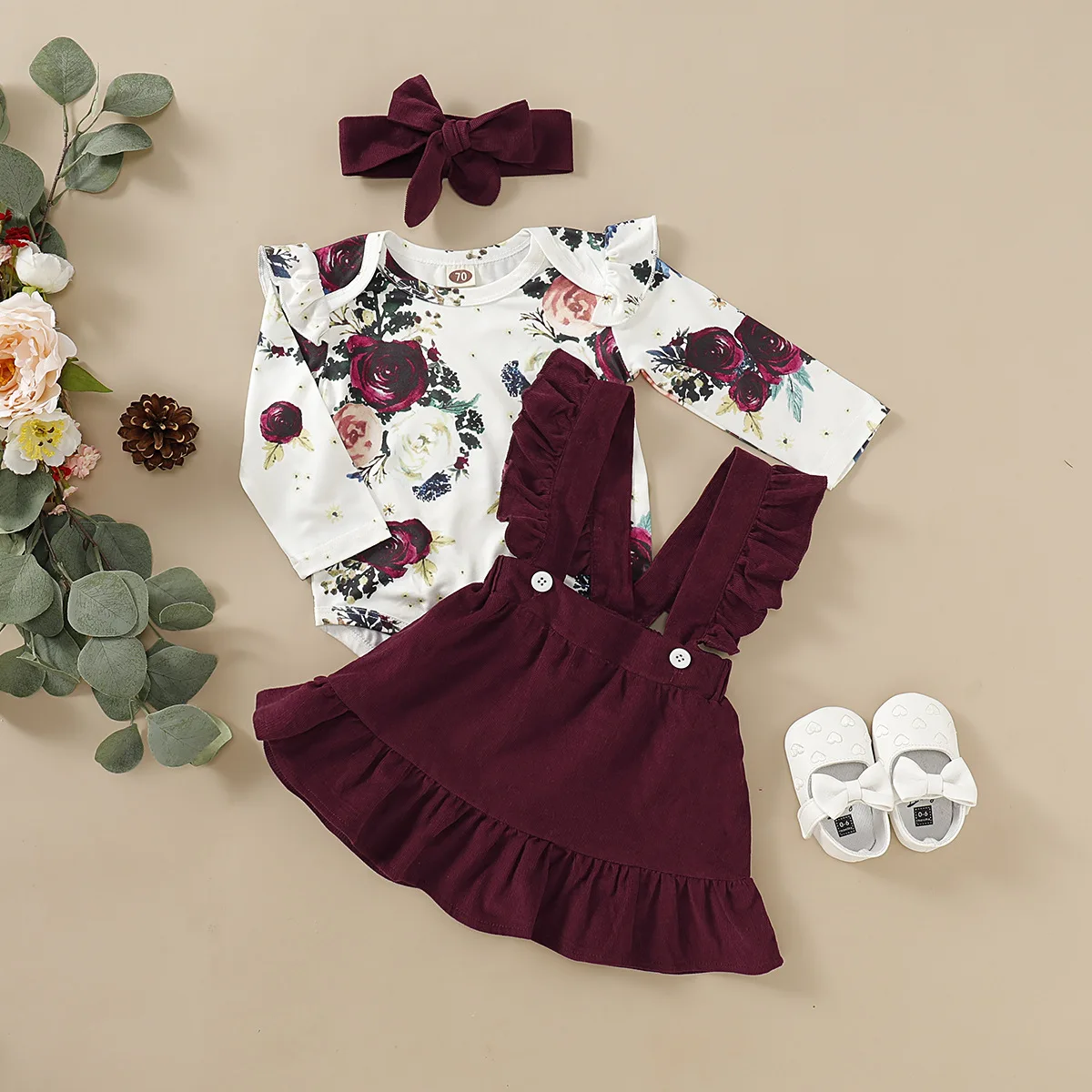 3PCS Clothes Set Newborn Baby Girl Floral Long Sleeve Romper +Suspender Skirt+Headband Spring&Autumn Cute Outfit 0-24Months