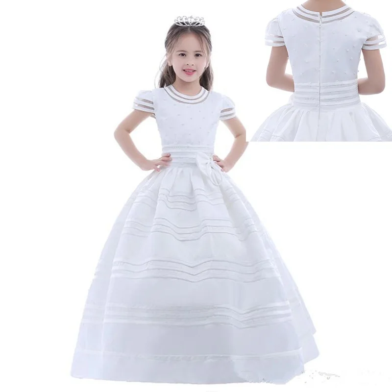 Real Image Kids Pearls Flower Girl Dress Sheer Illusion Short Sleeves Girl Wedding Dresses with Bow Party First Communion Gown