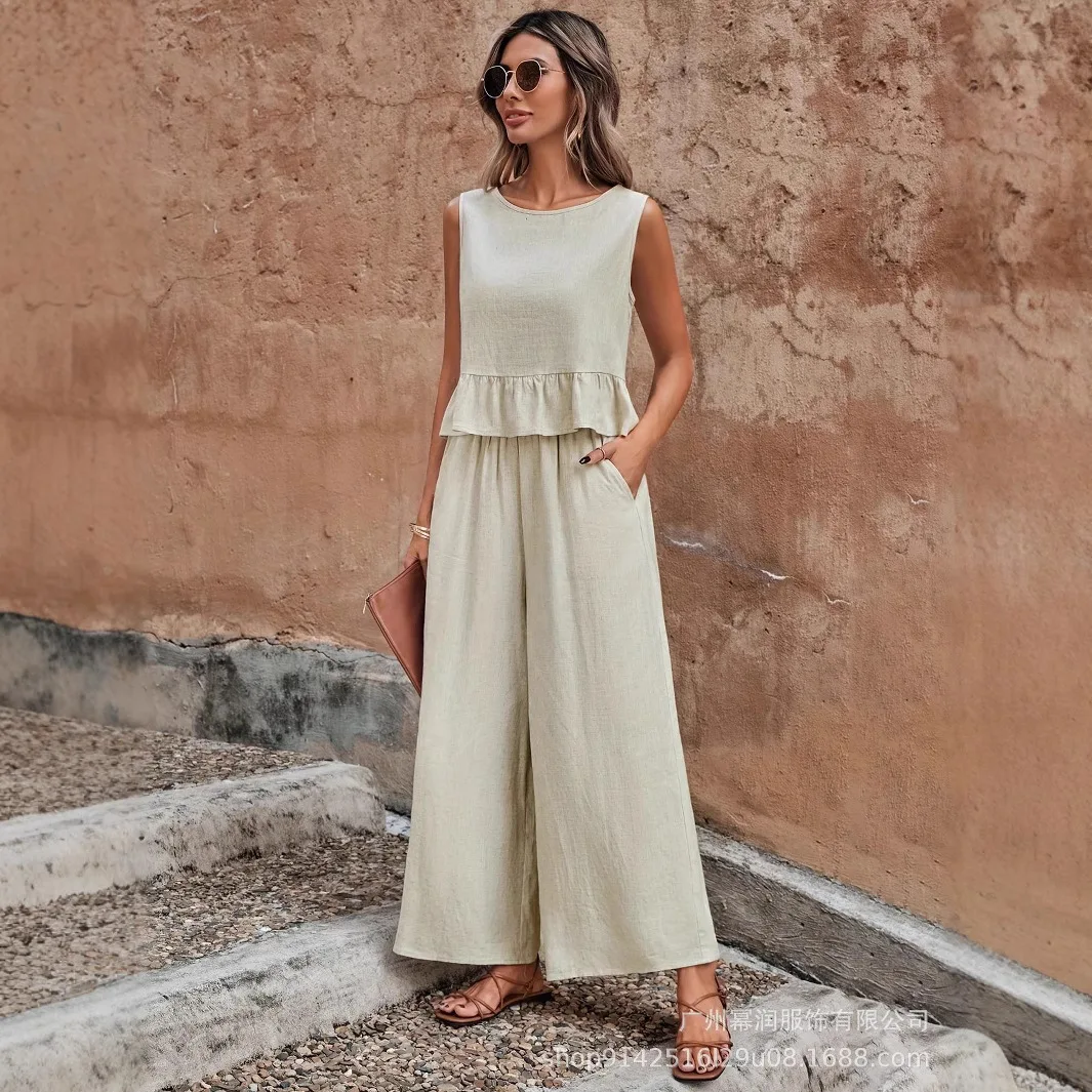 

Fashionable Pleated Sleeveless Shirt + Wide-leg Pants Two-piece Sets Women Solid Color Summer Casual Loose Top Trousers Women
